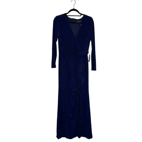 NWT Betsy Adam Cascade Ruffle Maxi Jersey Gown Women's Navy Blue Size 10 - Picture 4 of 8